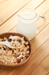 Delicious and healthy cereal in bowl with milk