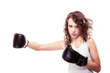 Sport boxer woman in gloves. Fitness girl training kick boxing