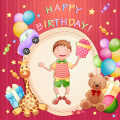 Obraz na płótnie Canvas Happy birthday illustration with happy boy holding a gift box.