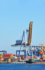 Fototapeta premium Port cargo crane and container over blue sky background