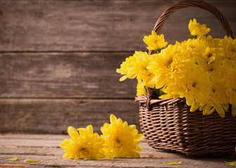 flowers in basket on wooden background