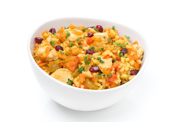 pilaf with vegetables, chicken and pomegranate, isolated
