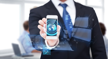 businessman showing smartphone with blank screen