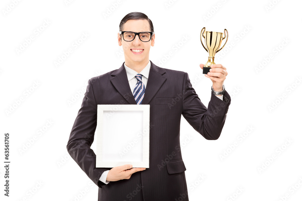 Sticker Man holding a trophy and a picture frame