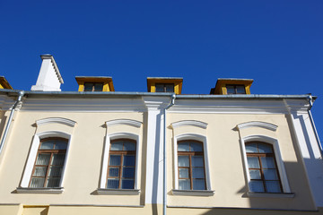 bottom view of the walls of the big city's buildings