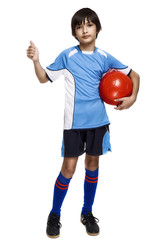 Sport boy, football thumb up! isolated on white background