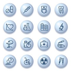 Medicine icons on blue buttons.