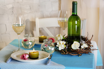 Beautiful holiday Easter table setting in blue tones,