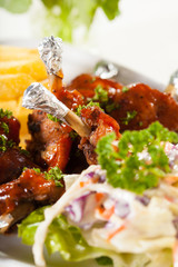 chicken wing, decorated dish of chicken wings with fries potato