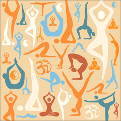 Yoga silhouette icons pattern background