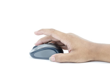 Hand click on modern computer mouse isolated on white