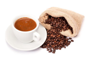 cup of coffee and beans  isolated on white background