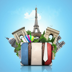 Naklejka premium France, landmarks Paris, retro suitcase, travel