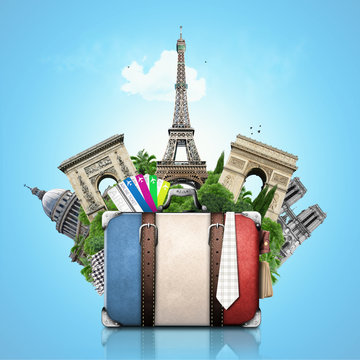 Fototapeta France, landmarks Paris, retro suitcase, travel