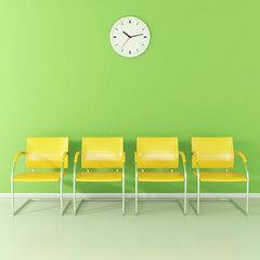 Four yellow stools in the green waiting room