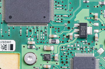 Closeup of electronic circuit board with processor