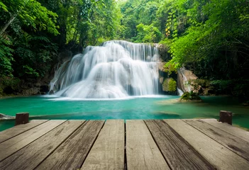 Fototapete Rund Waterfall in tropical forest at Erawan national park Kanchanabur © showcake