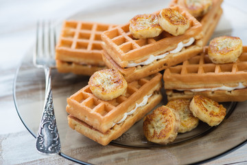 Waffles with grilled banana slices, horizontal shot