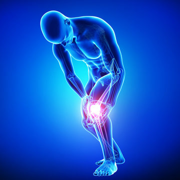Anatomy of male knee pain on blue