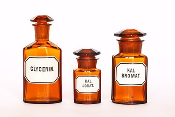 Pharmacy, glass bottle and the pills, Medicine