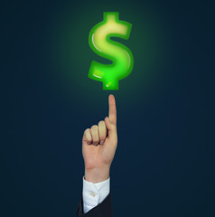 A hand pointing out to the dollar sign. Black background.
