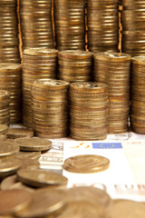 Coins on the paper dollars