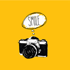 Vintage photo camera says 'SMILE' vector design