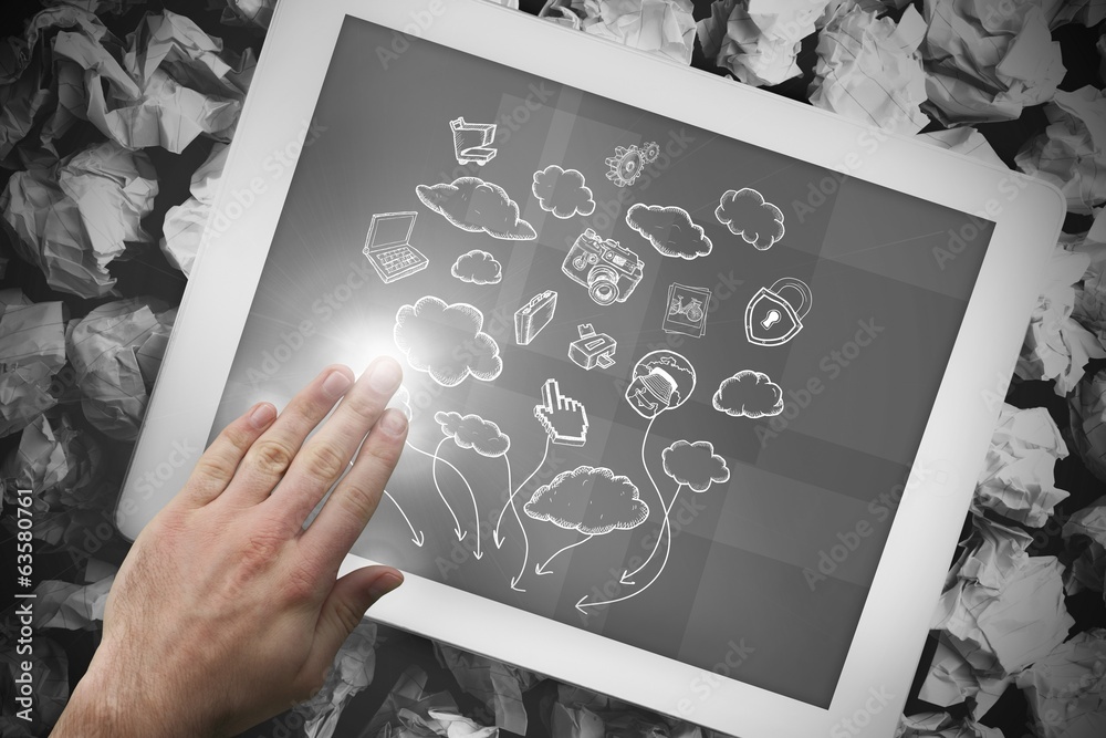 Poster composite image of hand touching tablet