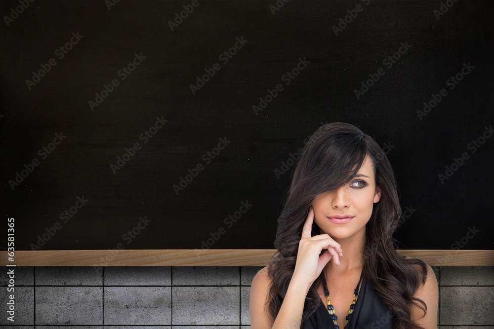 Poster Composite image of pensive elegant brown haired model posing wit