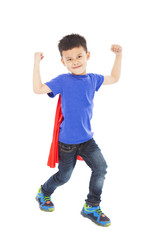 smiling super kid hero raise arms