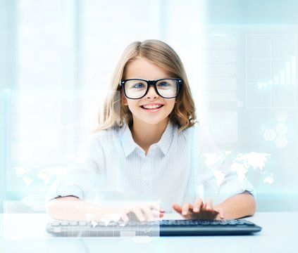 student girl with keyboard and virtual screen