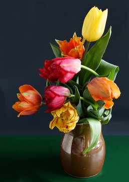 posy of multicolor tulips in ceramic mug