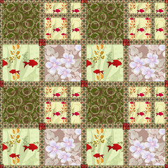 Patchwork seamless pattern with elements of flowers, circles and