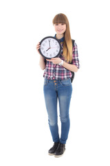 cute teenage girl with backpack and clock isolated on white