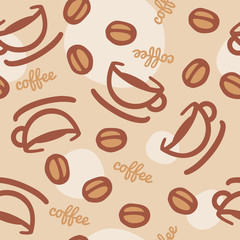 Seamless coffee cup & beans background - brown & beige.
