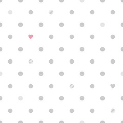 Polka dots with hearts seamless pattern - white and gray.