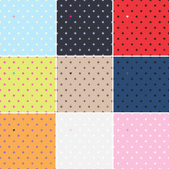 Set of polka dots seamless patterns. Dots & hearts.