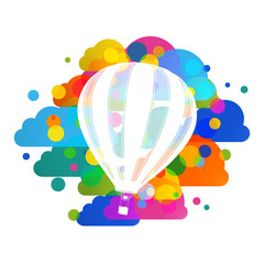 Hot air balloon silhouette, colorful clouds abstract vector