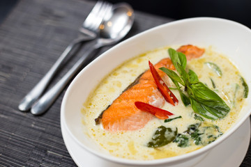 Green curry with grilled salmon