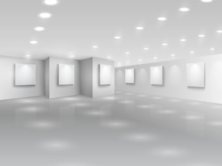 Realistic gallery hall with blank white canvases