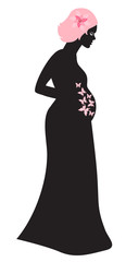 Pregnant woman looking at her belly in which butterflies