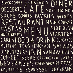 Handwritten restaurant related seamless pattern on blackboard