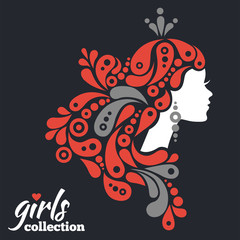 Beautiful woman silhouette with flowers. Girls collection