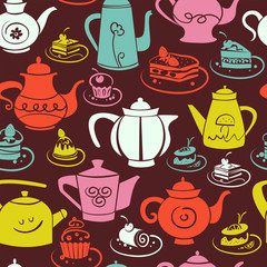 Coffee and tea seamless pattern. Set of sweet cakes and teapots