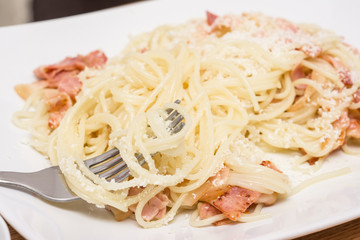 Eating Spaghetti Carbonara Close Up