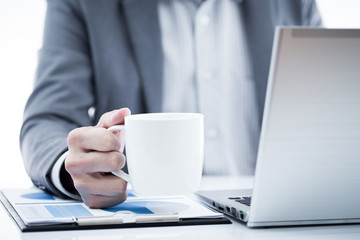 Businessman analyzing investment charts with laptop