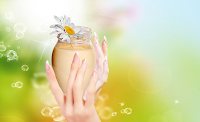 Natural Flower Cream for Woman hands.Spa salon