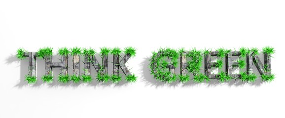 Wooden Think Green phrase with green grass growth isolated