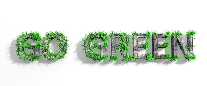 Wooden Go Green phrase with green grass growth isolated