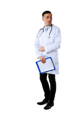 dissatisfied male doctor with clipboard and stethoscope